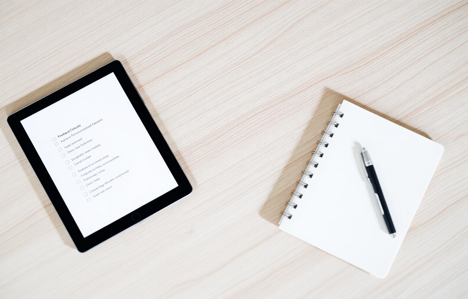 Tablet showing a study checklist beside a notepad and pen